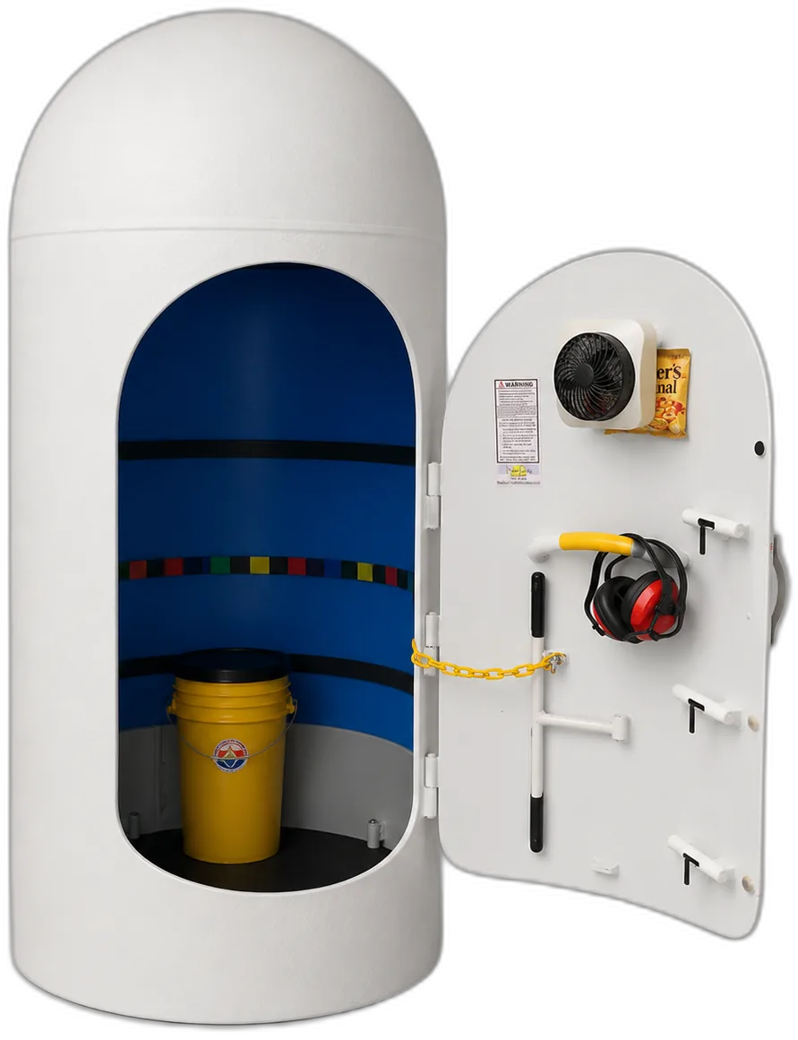 Inside the shelter — padded interior, LED lamps, earmuffs and bucket seat